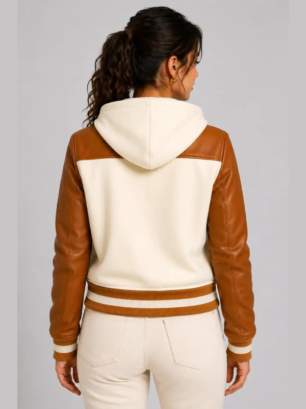 Women Cream Cognac Leather Hooded Varsity Jacket