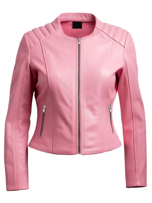 Women Pink Leather Motorcycle Jacket