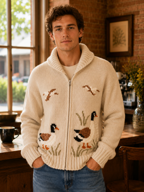 Women's Duck Beige Open Front Cardigan Sweater Cozy Winter Knitwear