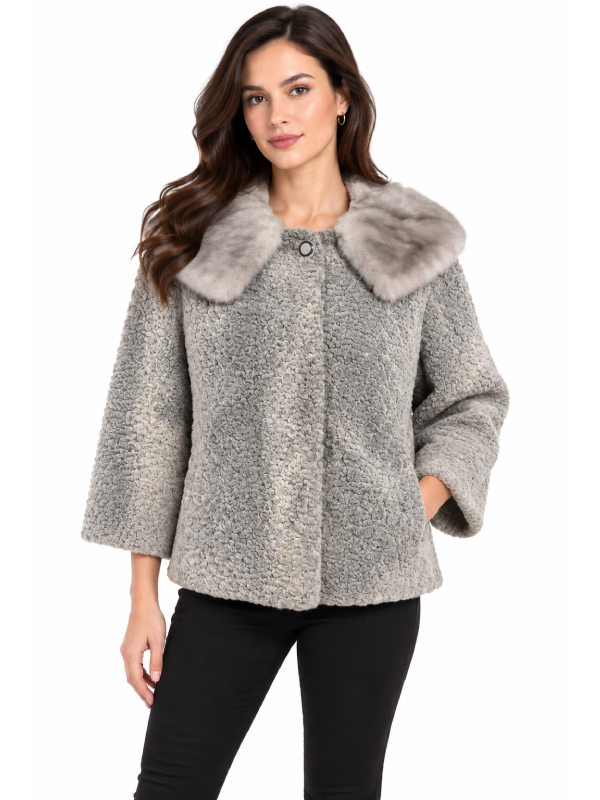 Women’s Grey Persian Lamb Fur Jacket with Fur Collar