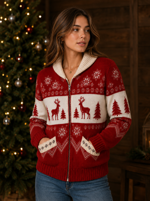 Women's Holiday Cardigan Sweater Christmas Print Cozy Knit