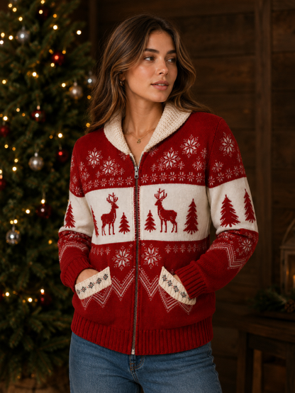 Women's Holiday Cardigan Sweater Christmas Print Cozy Knit