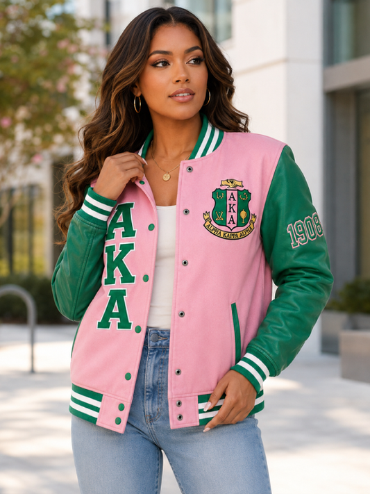 Women's Pink Letterman Jacket Alpha Kappa Varsity Style