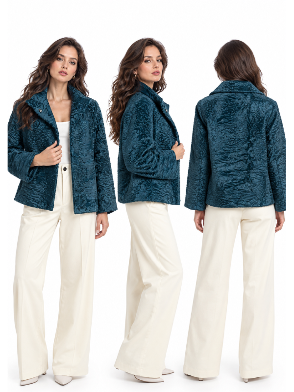 Women’s Teal Lamb Fur Cropped Jacket