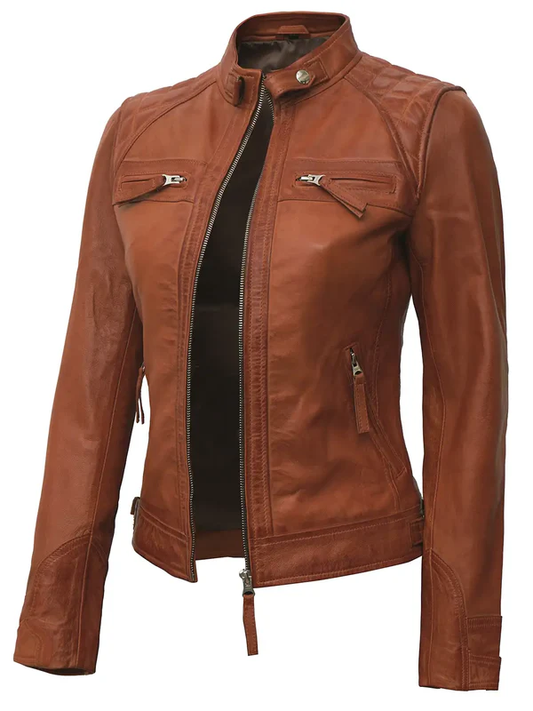 Olivia Women's Tan Quilted Diamond Biker Leather Jacket
