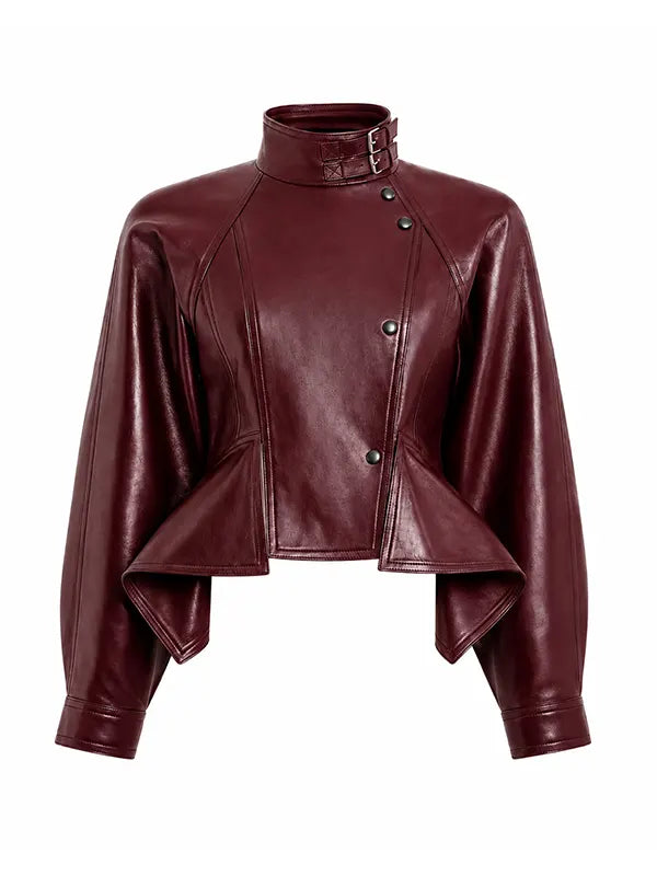 Womens Burgundy Cropped Leather Pilot Jacket