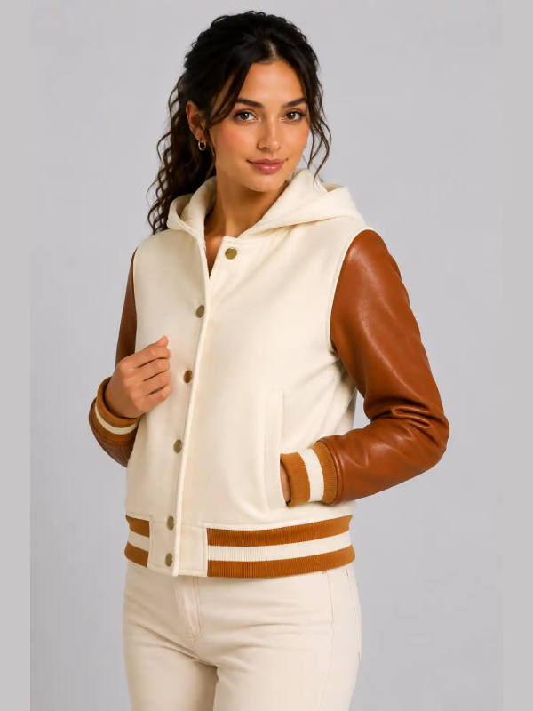 Womens Cream Cognac Hooded Varsity Jacket