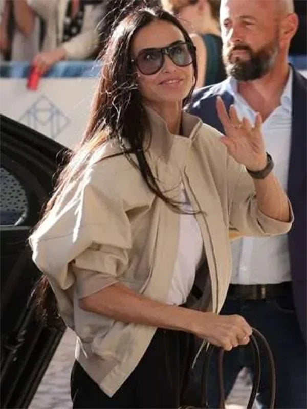 Womens Demi Moore 79th Annual Cannes Bomber Beige Jacket