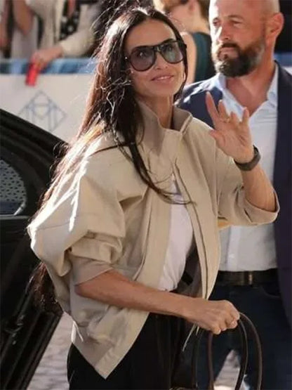 Womens Demi Moore 79th Annual Cannes Bomber Beige Jacket