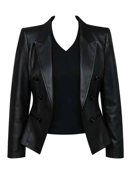 Womens Fitted Double Breasted Black Leather Blazer