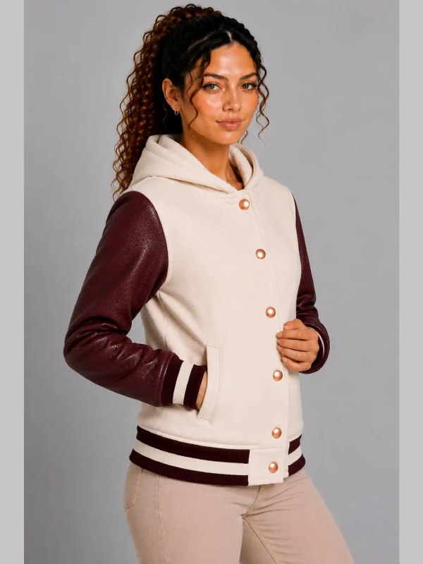 Womens Ivory Burgundy Varsity Jacket