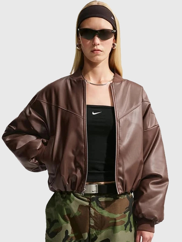 Womens Nike Therma FIT Fall 2026 Brown Leather Bomber Jacket