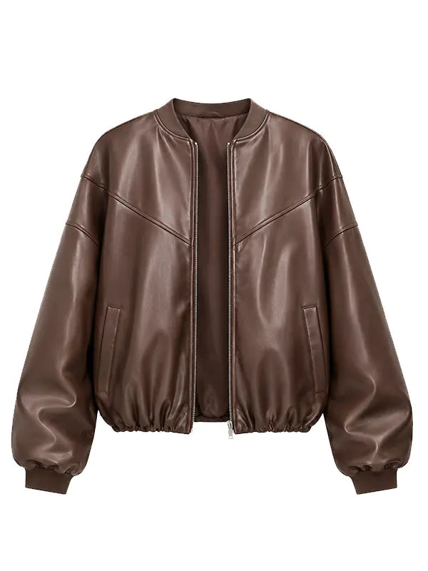 Womens Oversized Brown Faux Leather Bomber Jacket