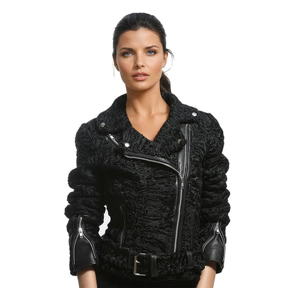 Black textured jacket worn by a model on a white background