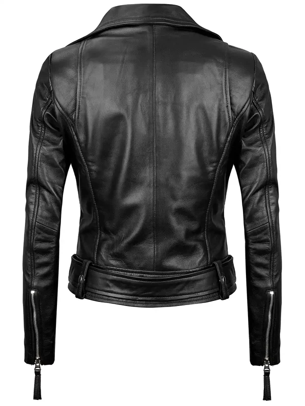 Angela Womens Black Belted Asymmetrical Leather Jacket