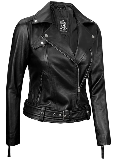 Angela Womens Black Belted Asymmetrical Leather Jacket