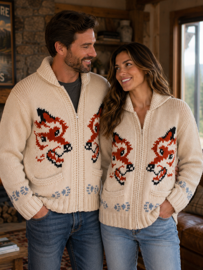 Wool Zip Cardigan Sweater Fox Hand Knit Design