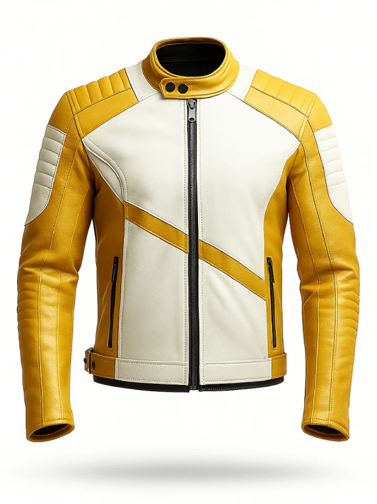 Yellow White Quilted Cafe Racer Leather Jacket