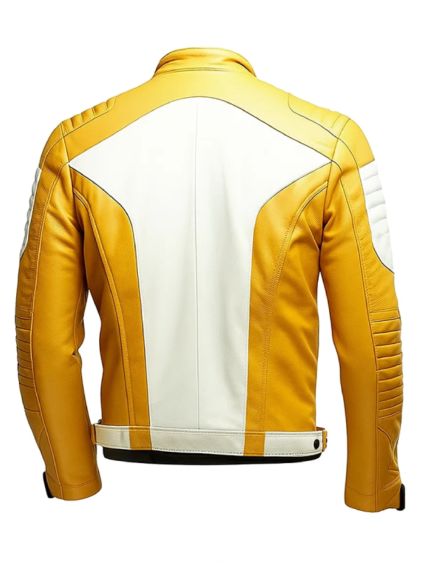 Yellow White Quilted Cafe Racer Leather Jacket For Mens