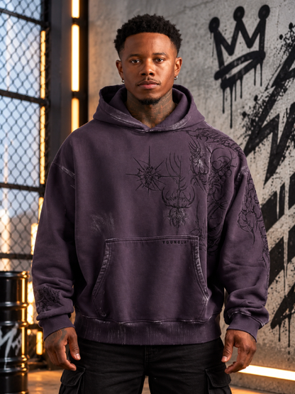 Youngla Vintage Wash Hoodie Gothic Line Art Graphic Pullover