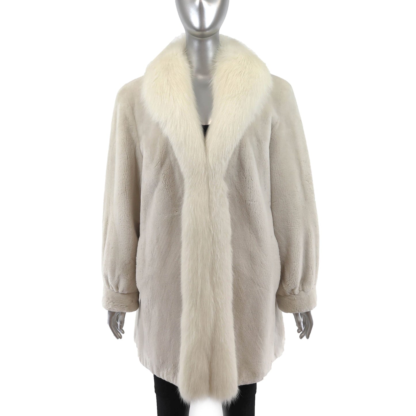 Sheared Beaver Fur Coat - Women's White Fur Coat with Fox Tuxedo