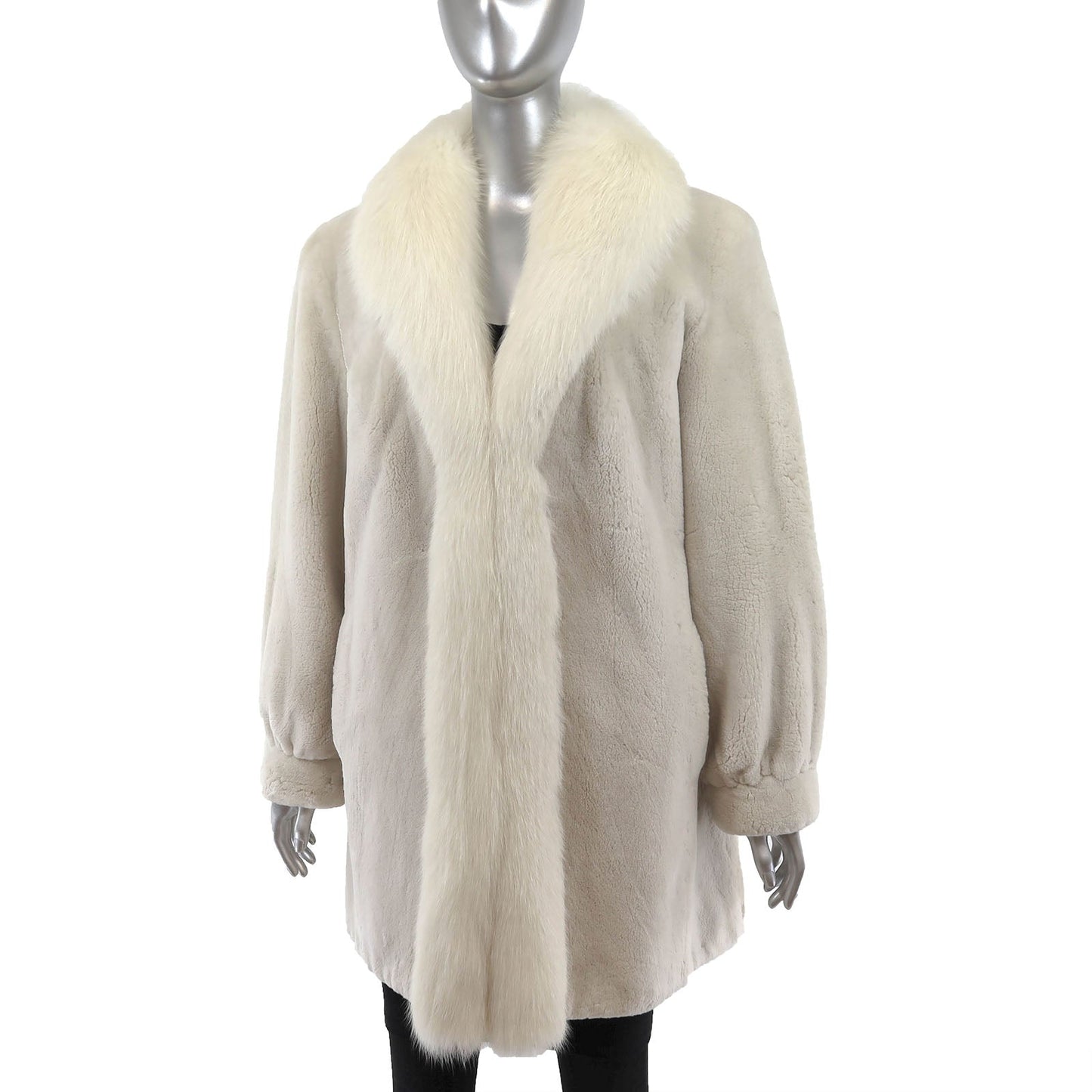 Sheared Beaver Fur Coat - Women's White Fur Coat with Fox Tuxedo