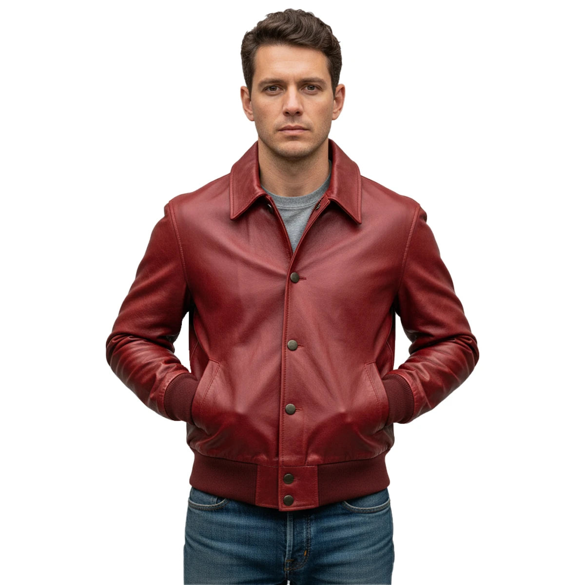 Man wearing a red leather jacket on a white background