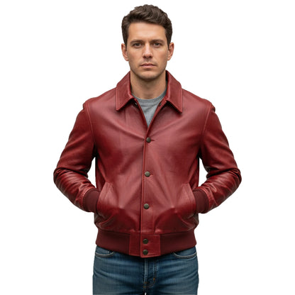 Man wearing a red leather jacket on a white background