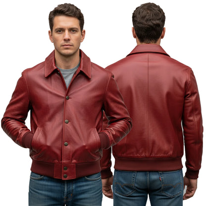 Red leather jacket worn by a person, shown from front and back on a white background