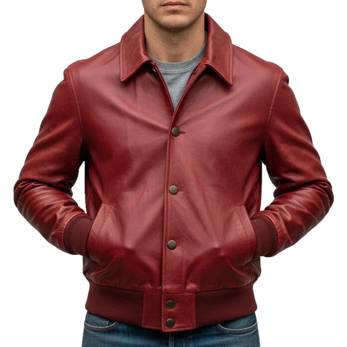 Red leather jacket worn by a person on a white background