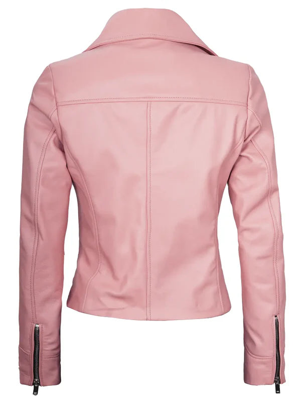 Ninfa Women's Pink Asymmetrical Biker Leather Jacket