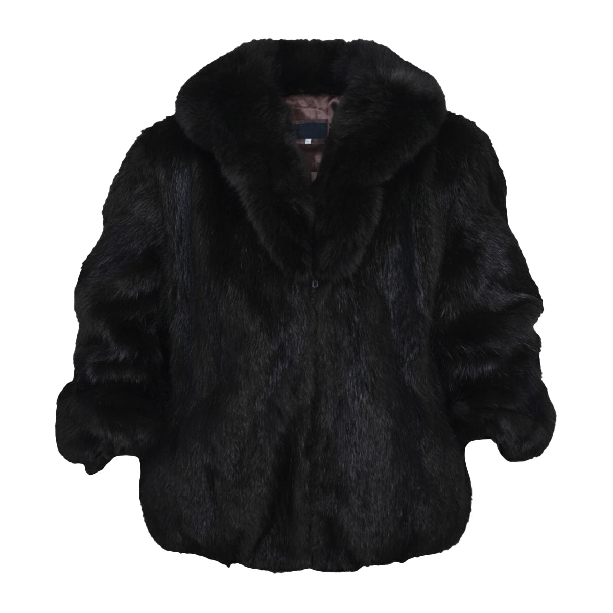 Black Nutria fur coat with fox fur collar on a white background