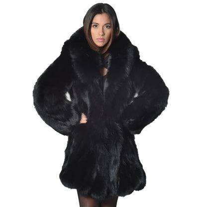 Person wearing a black fur coat on a white background