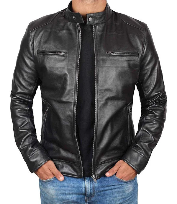 Dodge Tall Mens Black Cafe Racer Leather Jacket