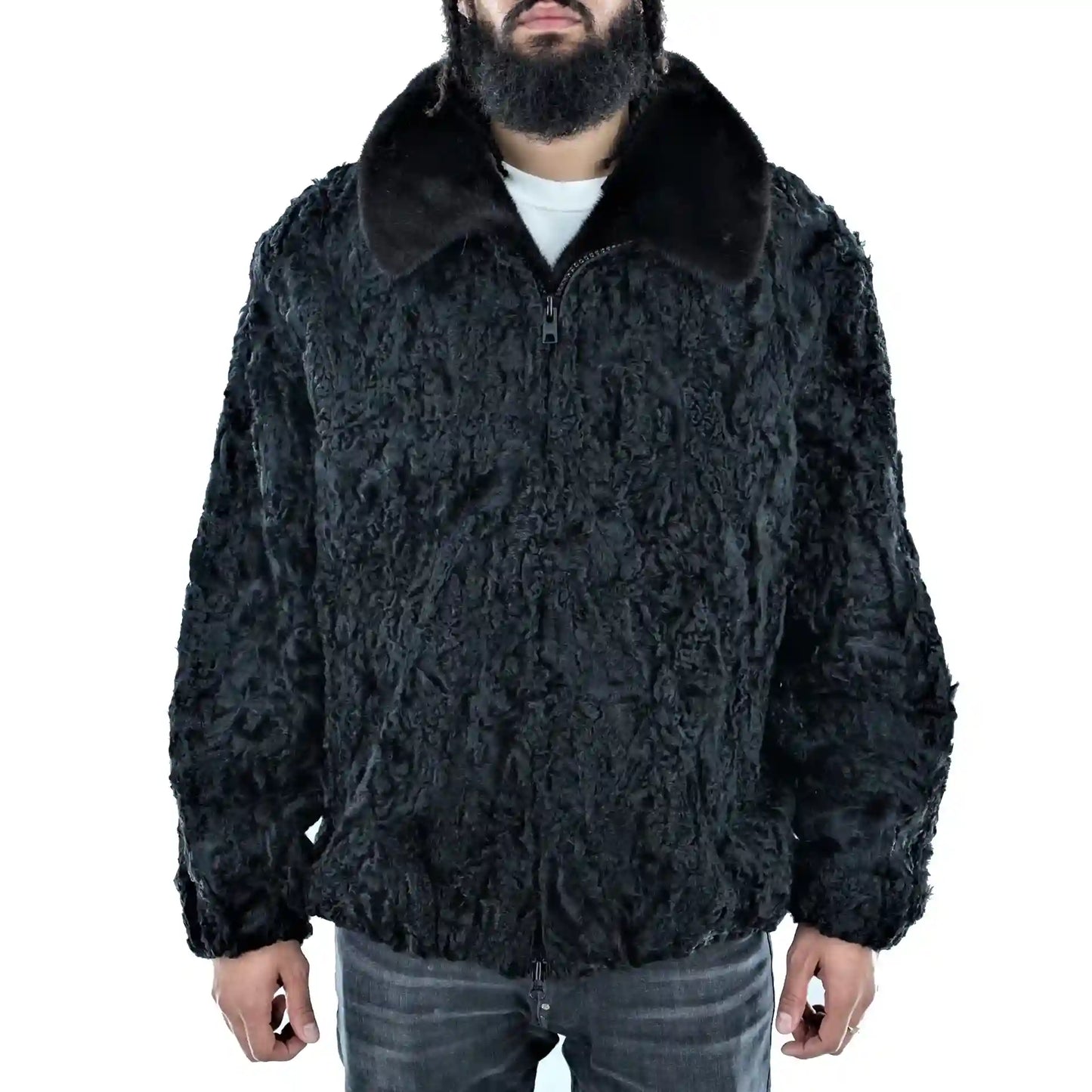 Black Persian Lamb Fur Bomber jacket With Mink Fur Collar