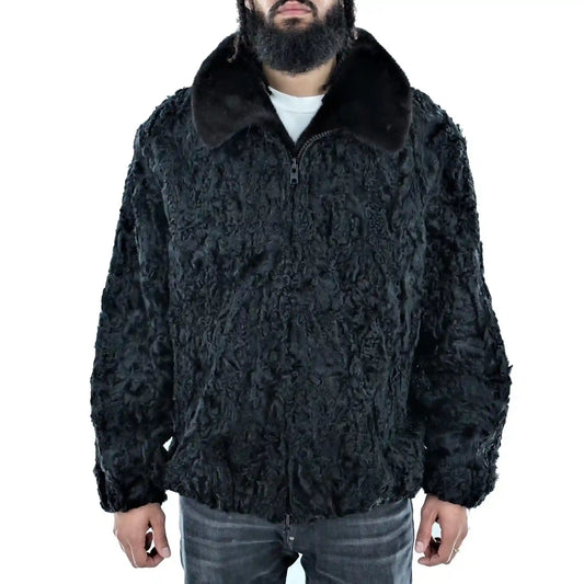 Black Persian Lamb Fur Bomber jacket With Mink Fur Collar