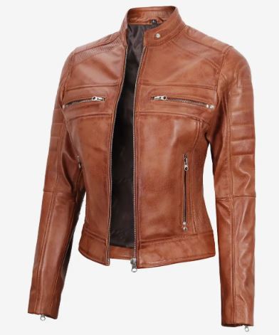 Womens Tan Cafe Racer Leather Jacket