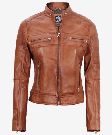 Womens Tan Cafe Racer Leather Jacket