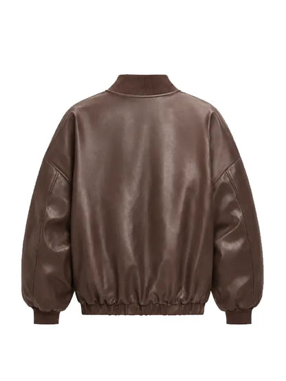 brown faux leather bomber jacket