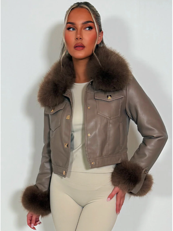 cropped jacket faux leather with fur cuff taupe style fashion