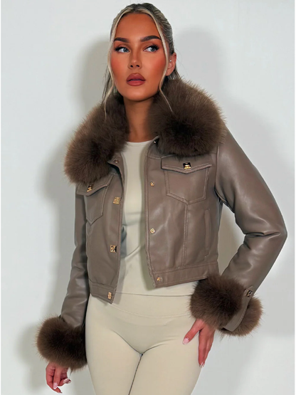 cropped jacket faux leather with fur cuff taupe style fashion