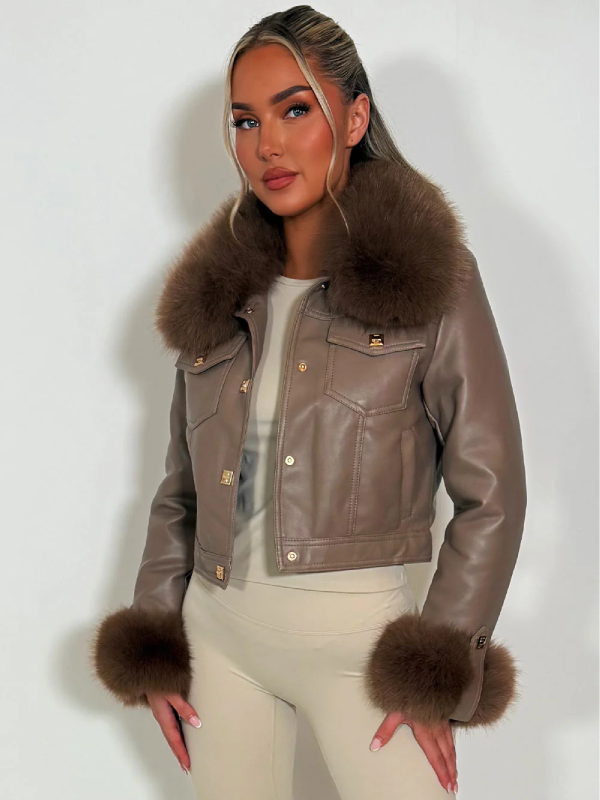 faux leather jacket with gold studs and fur cuff taupe styledup fashion