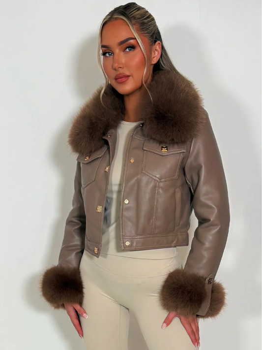 faux leather jacket with gold studs and fur cuff taupe styledup fashion