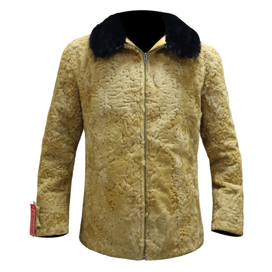 Mens Mustard Brown Persian Lamb Fur Winter Style Bomber Jacket