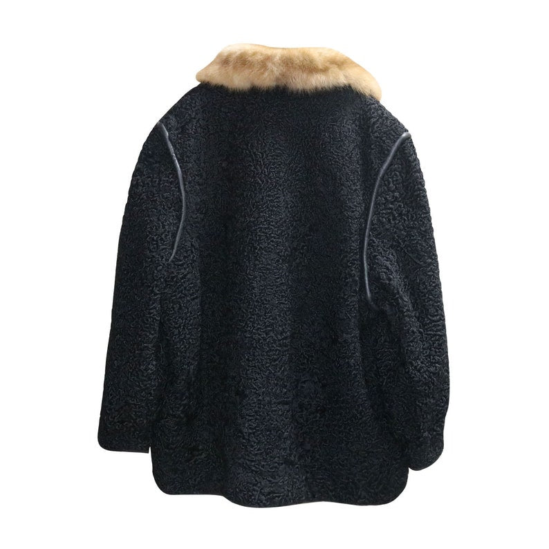 Mens Black Persian Lamb Coat Cream Color Mink Fur Collar Coat