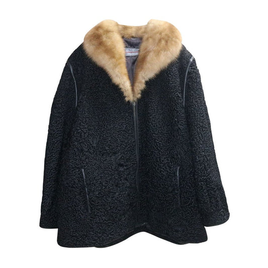 Mens Black Persian Lamb Coat Cream Color Mink Fur Collar Coat