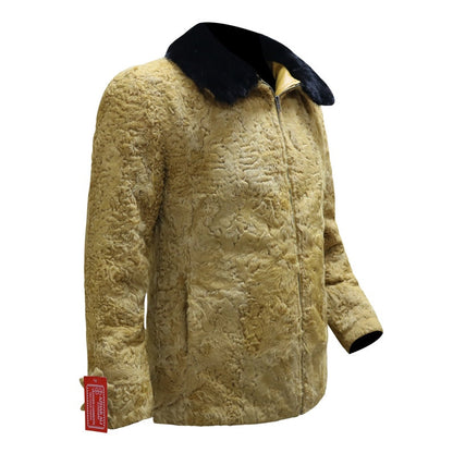 Mens Mustard Brown Persian Lamb Fur Winter Style Bomber Jacket