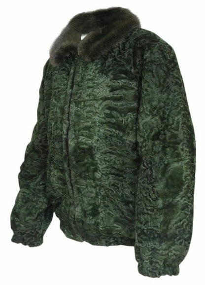 Men's Green Persian Lamb Fur bomber jacket green mink fur Collar