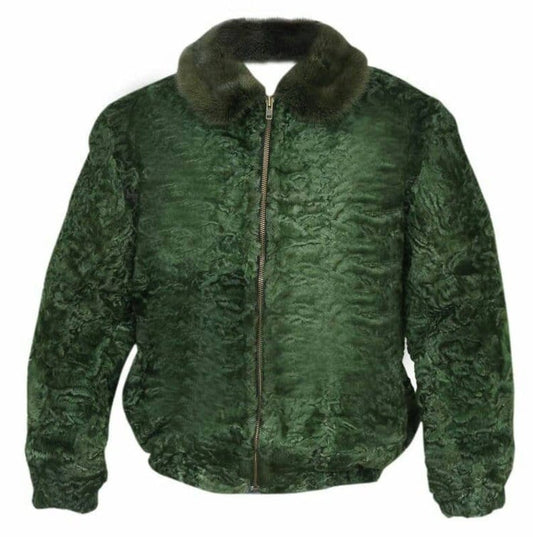 Men's Green Persian Lamb Fur bomber jacket green mink fur Collar