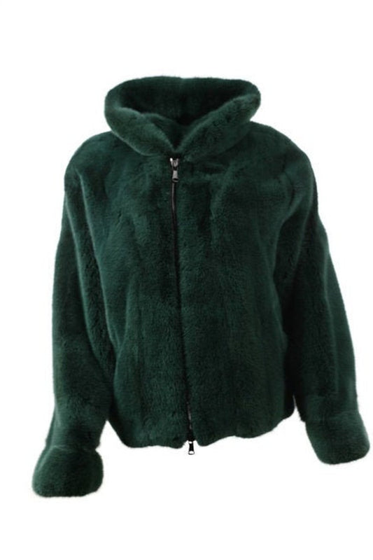 Men's Mink Fur Green Bomber Hooded Jacket